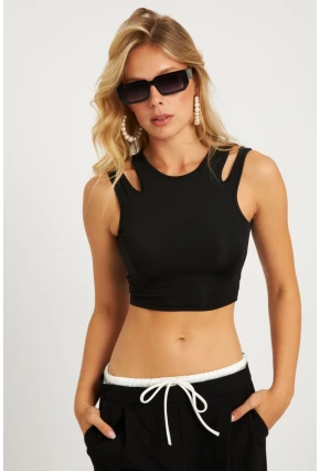 Kadın Siyah Pencereli Crop Bluz CG356