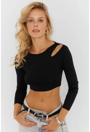 Kadın Siyah Pencereli Crop Bluz CG363