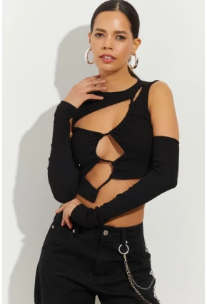Kadın Siyah Pencereli Kaşkorse Crop Bluz B2403