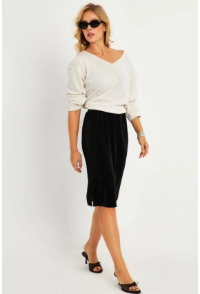 Kadın Siyah Pileli Beli Lastikli Etek TF06