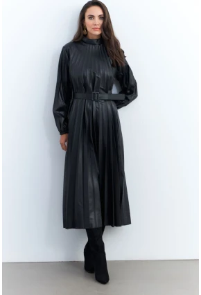 Kadın Siyah Pileli Kemerli Maxi Elbise MALZ99