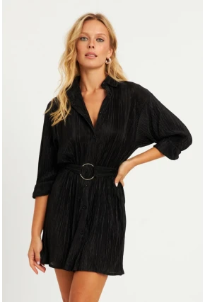 Kadın Siyah Piliseli Kemerli Mini Elbise TW70124-90