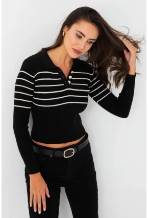 Kadın Siyah Polo Yaka Çizgili Triko Bluz MK65