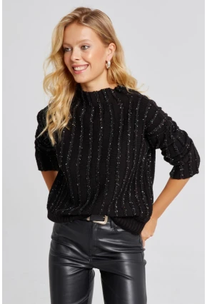Kadın Siyah Pullu Triko Bluz SF2527