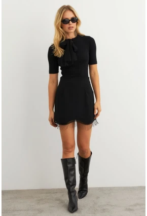 Kadın Siyah Püskül Detaylı Mini Etek KED24013