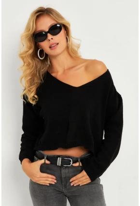 Kadın Siyah Salaş Kısa Triko Bluz YV281