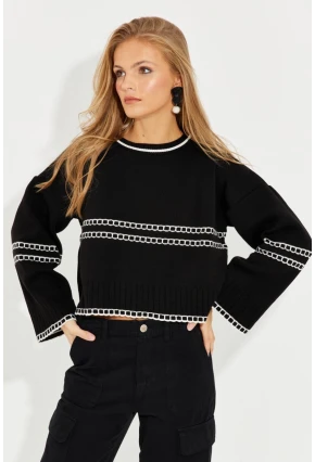 Kadın Siyah Salaş Triko Kısa Kazak YZ518