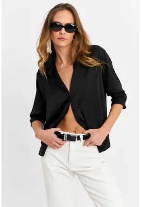 Kadın Siyah Saten Gömlek ELT8051