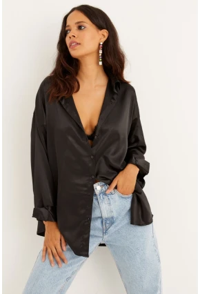 Kadın Siyah Saten Gömlek SF1285