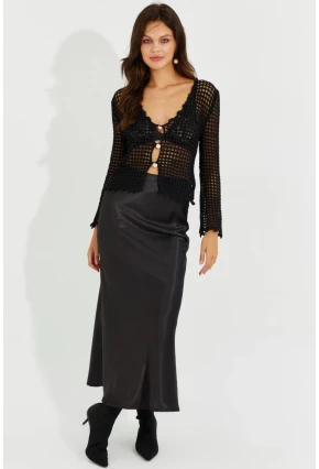 Kadın Siyah Saten Maxi Etek RMZ21077