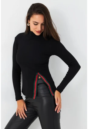 Kadın Siyah Şerit Detaylı Kaşkorse Balıkçı Bluz TF32