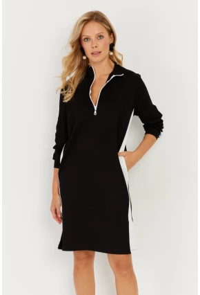 Kadın Siyah Şeritli Fermuarlı Midi Elbise ST5024