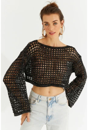 Kadın Siyah Simli Ajurlu Triko Kısa Bluz YV141