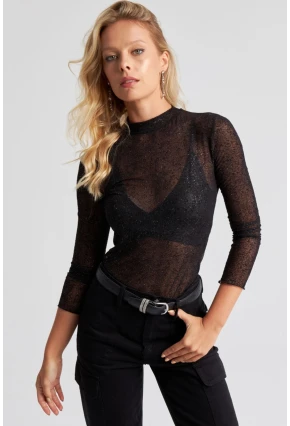 Kadın Siyah Simli Transparan Tül Bluz LPP5028