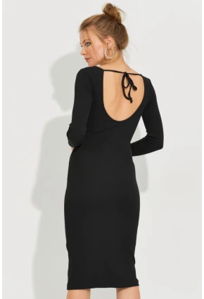 Kadın Siyah Sırt Bağlamalı Kaşkorse Midi Elbise EY2592