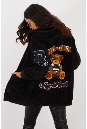 Kadın Siyah Sırt Baskılı Kapüşonlu Peluş Mont BK231123