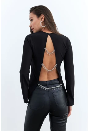 Kadın Siyah Sırt Dekolteli Aksesuarlı Bluz ELT4020