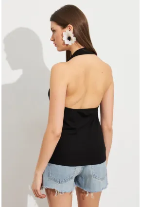 Kadın Siyah Sırt Dekolteli Halter Yaka Bluz AYD412