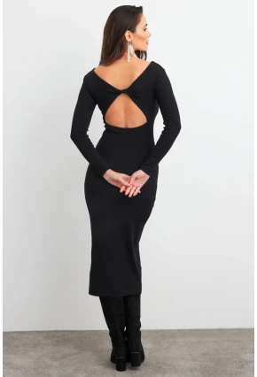 Kadın Siyah Sırt Dekolteli Kaşkorse Midi Elbise EY3029