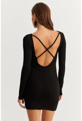 Kadın Siyah Sırt Dekolteli Mini Elbise HOR36