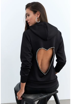 Kadın Siyah Sırt Dekolteli Taşlı Sweatshirt BTH15