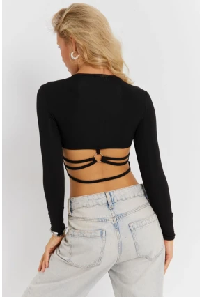 Kadın Siyah Sırt Detaylı Crop Bluz CG365