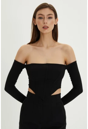 Kadın Siyah Sırt Fermuarlı Crop Bluz B518