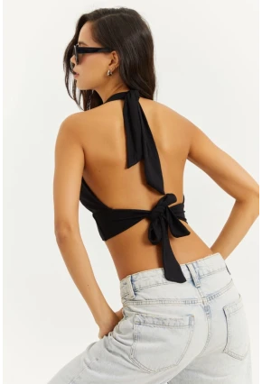 Kadın Siyah Sırt Ve Boyun Bağlamalı Bluz EY1472