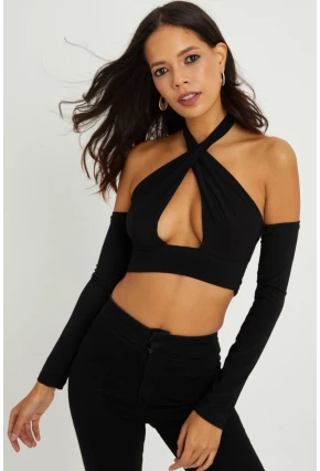 Kadın Siyah Sırtı Açık Crop Bluz B1729