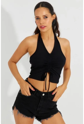 Kadın Siyah Sırtı Açık Crop Bluz B2697