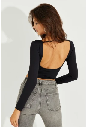 Kadın Siyah Sırtı Açık Crop Bluz CY430