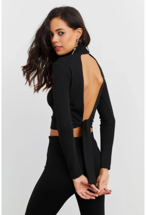 Kadın Siyah Sırtı Açık Crop Bluz EY1512