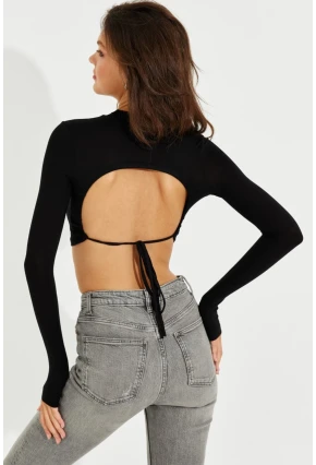 Kadın Siyah Sırtı Açık Crop Bluz LPP1232