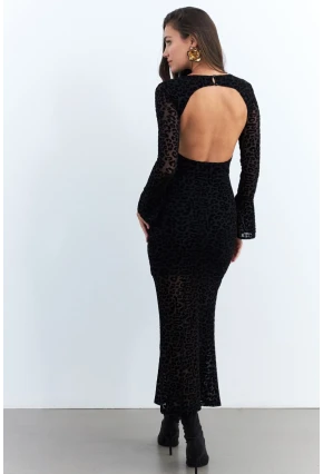 Kadın Siyah Sırtı Açık Kadife Maxi Elbise YEL94