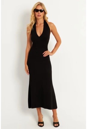 Kadın Siyah Sırtı Açık Kruvaze Midi Elbise EY2841