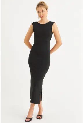 Kadın Siyah Sırtı Açık Midi Elbise YEL221672