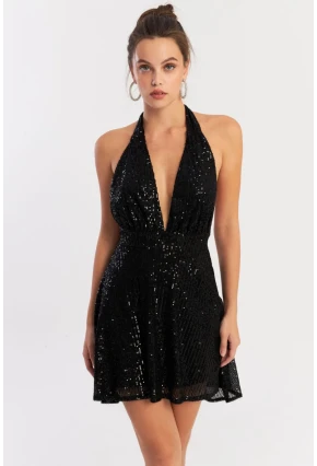 Kadın Siyah Sırtı Açık Payetli Astarlı Mini Elbise Dcf046