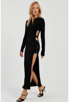 Kadın Siyah Sırtı Açık Yırtmaçlı Maxi Elbise YEL87