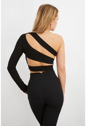 Kadın Siyah Sırtı Bantlı Tek Kol Crop Bluz B174-9