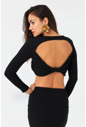 Kadın Siyah Sırtı Çapraz Kaşkorse Crop Bluz EY2975