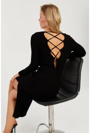 Kadın Siyah Sırtı Çapraz Triko Midi Elbise YZ407