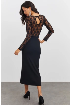 Kadın Siyah Sırtı Dantel Midi Elbise EY2485
