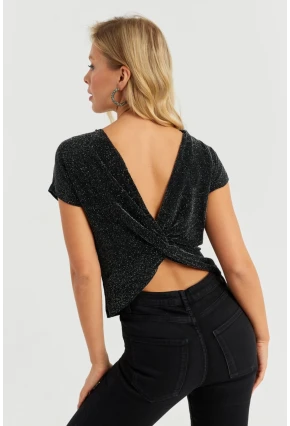 Kadın Siyah Sırtı Dügümlü Simli Bluz LPP1251