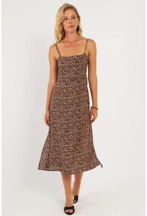 Kadın Siyah Sırtı Gipeli Desenli Midi Elbise MP427