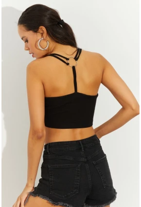 Kadın Siyah Sırtı Halkalı Kaşkorse Crop Bluz B2552