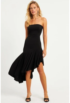 Kadın Siyah Straplez Asimetrik Midi Elbise DMR337