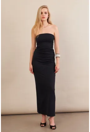 Kadın Siyah Straplez Büzgülü Midi Elbise MX2005
