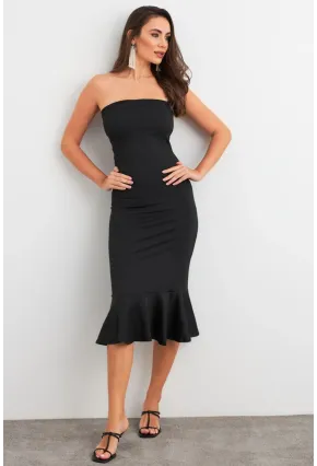 Kadın Siyah Straplez Midi Elbise XC8008