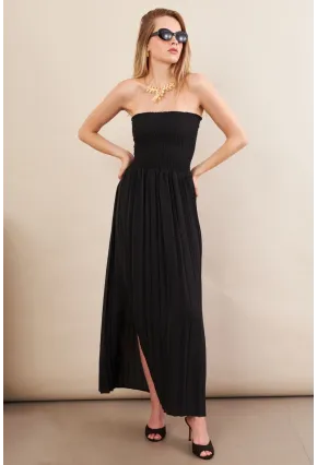 Kadın Siyah Straplez Yaka Midi Elbise MSİ100