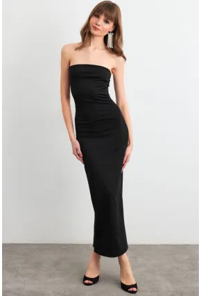 Kadın Siyah Straplez Yırtmaçlı Midi Elbise XC005
